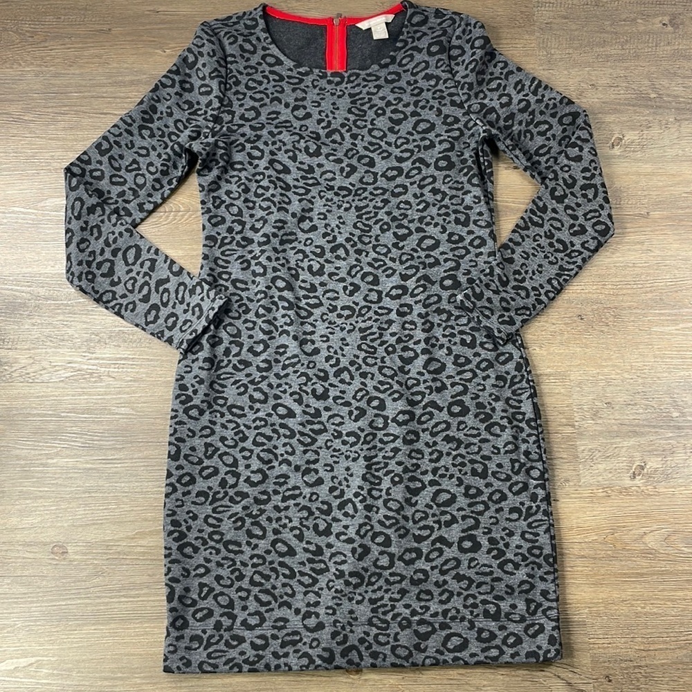 Banana Republic Leopard Animal Print Dress Size 8 Bodycon Knit Black Gray